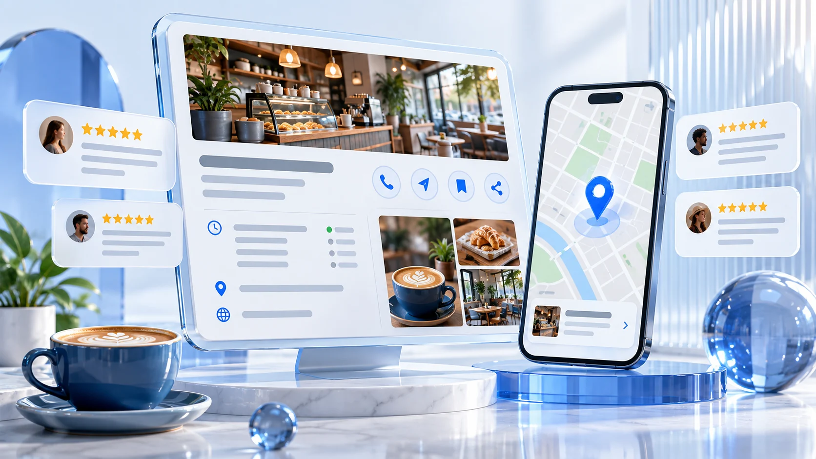 Concept illustration of a complete business listing, map location and customer review cards