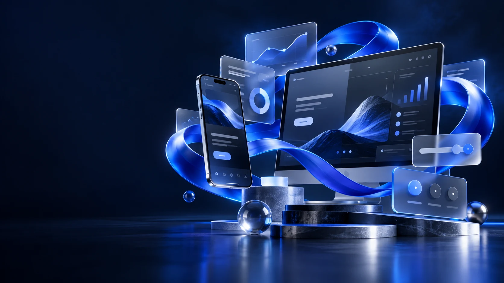 Cinematic 3D illustration of glass interface panels connected by a flowing blue ribbon